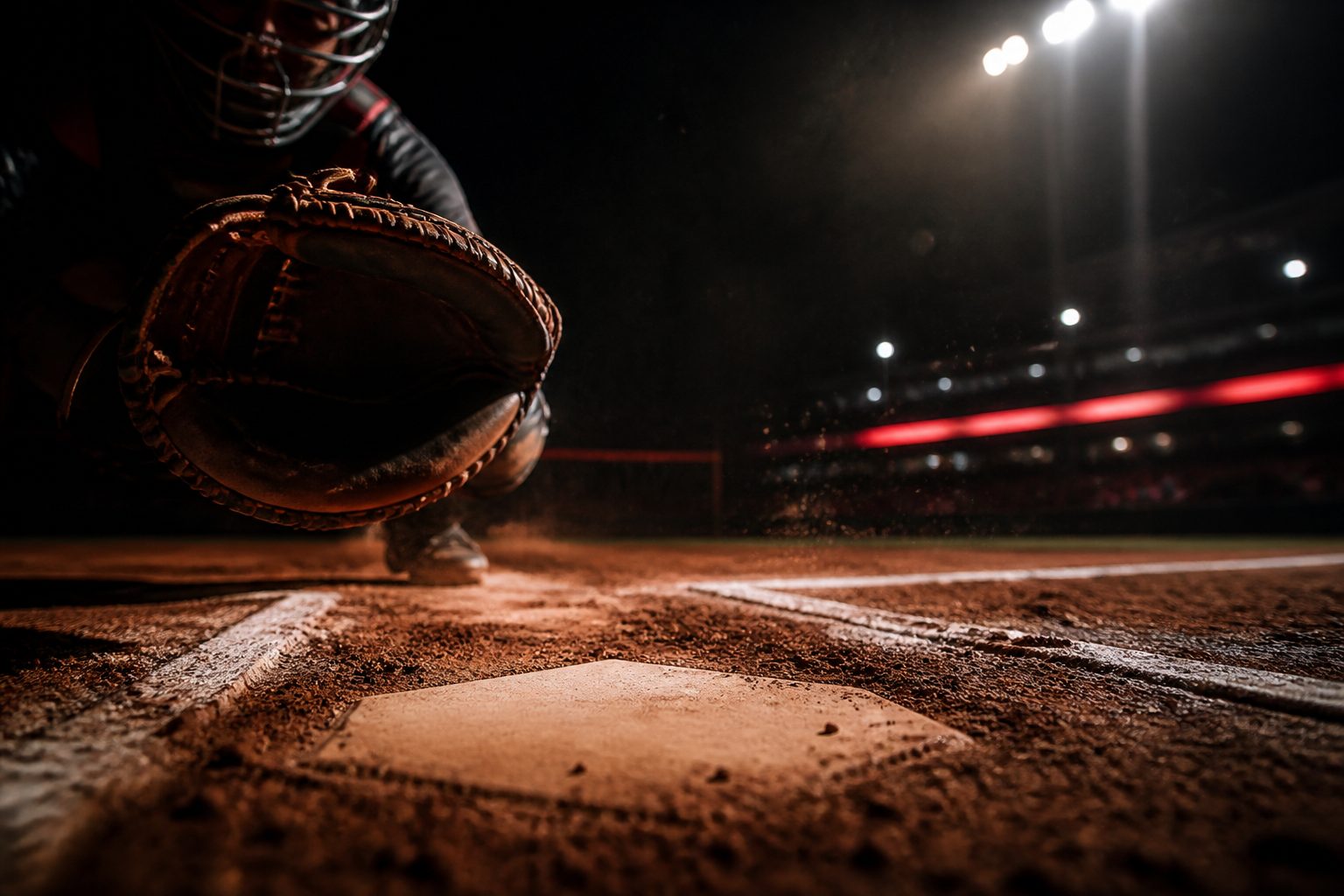 Night game at home plate — catcher mitt diving to protect the plate.