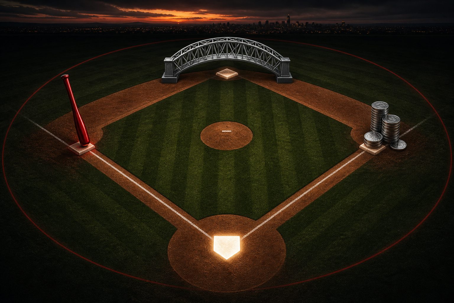 Baseball diamond with debt at first, bridge capital at second, equity power at third, home plate glowing.